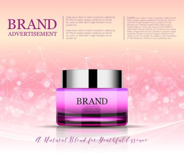 Güzellik, yaşlanma karşıtı krem reklamı. Kozmetik paket tasarımı. 3D vektör güzellik çizimi. Nemlendirici yüz kremi cam kavanozu köpüklü sıvı arka planda. Ürün paketi modelleme