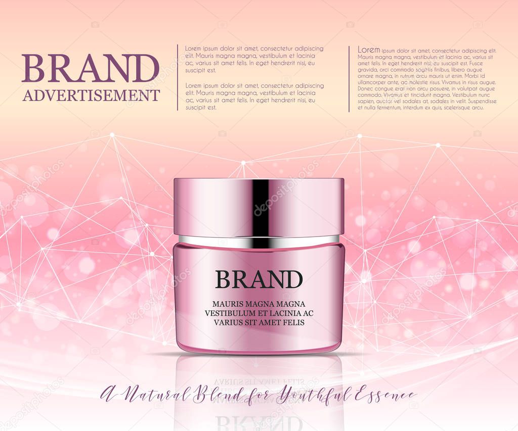 Beauty anti aging cream ad. Cosmetics package design. 3d vector beauty illustration. Moisturizing facial cream mask glass jar on sparkling liquid background with water bubbles. Product package mock-up