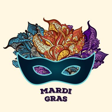 Mardi gras broşür. El ile vektör logo yazı ve altın yağ Salı maske çizilmiş.