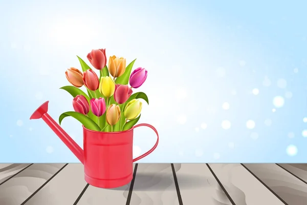 Regadera con ramo de tulipanes — Vector de stock