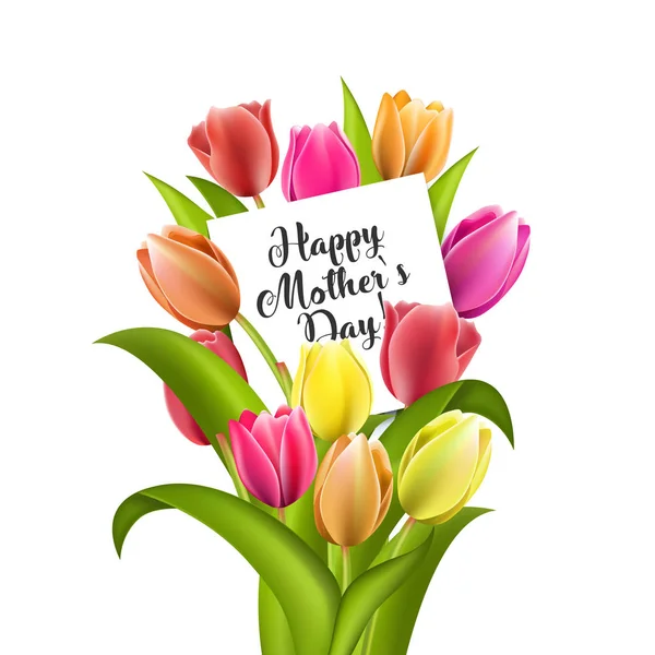 Szczęśliwy dzień matki napis. Kartkę z życzeniami dzień matki z kwitnących kwiatów tulipanów. — Wektor stockowy