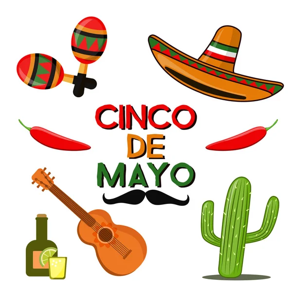 Cinco de Mayo fest i Mexiko, ikoner set, designelement, platt stil. Samling föremål för Cinco de Mayo parad med pinata, mat, sambrero, tequila, kaktus, flagga. Vektorillustration, ClipArt — Stock vektor