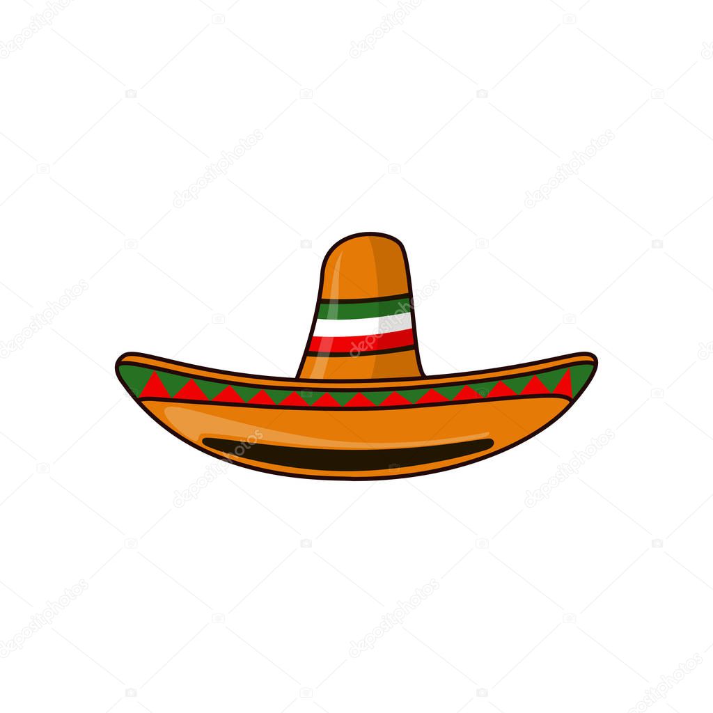 Mexican sambrero feast for Cinco De Mayo. Hand drawn sticker designs. Vector illustration isolated on white background.