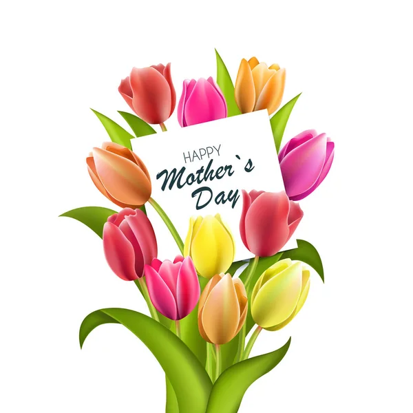 Szczęśliwy dzień matki napis. Dzień matki życzeniami z kwitnących kwiatów tulipanów. Ilustracja wektorowa Eps10 — Wektor stockowy