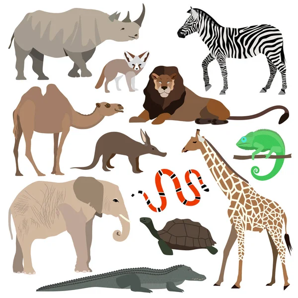 Afrika hayvanları ayarlayın. Fil, zürafa, buffalo, su aygırı, Gergedan, aslan, çita, antilop, devekuşu, sırtlanın, lemur, goril, timsah, kuş Sekreter, warthog, zebra, papağan, okapi. Vektör çizim