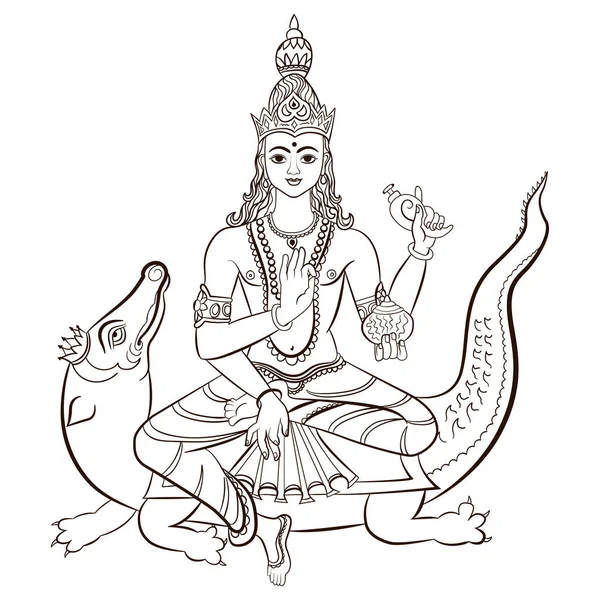 Ινδουιστικό θεό Βαρούνα συνεδρίαση ο κροκόδειλος. Εικονογράφηση διάνυσμα. — Διανυσματικό Αρχείο