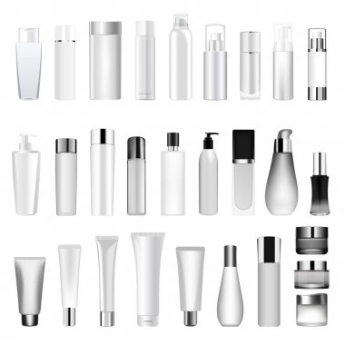 Set vektör boş şablonları sprey, dağıtıcı ve Damlalık, krem kavanoz, boş ve temiz beyaz plastik kaplar şişe tüp.
