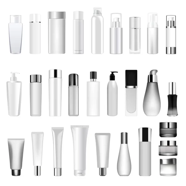 Set vektör boş şablonları sprey, dağıtıcı ve Damlalık, krem kavanoz, boş ve temiz beyaz plastik kaplar şişe tüp.