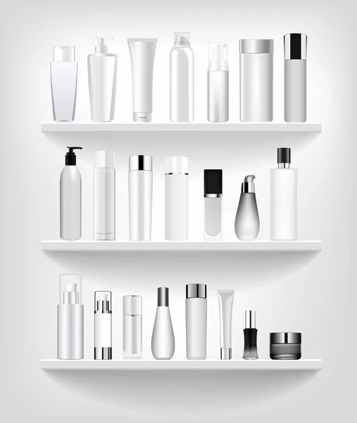 Set vektör boş şablonları sprey, dağıtıcı ve Damlalık, krem kavanoz, boş ve temiz beyaz plastik kaplar şişe tüp.