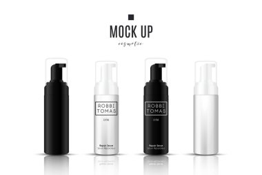 Gerçekçi beyaz kozmetik krem konteyner ve tüp krem, merhem, diş macunu, losyon için şişe sahte. Jel, toz, balsam, tasarım etiketi ile. Sabun pompa. Toplu karışımları konteynerler.