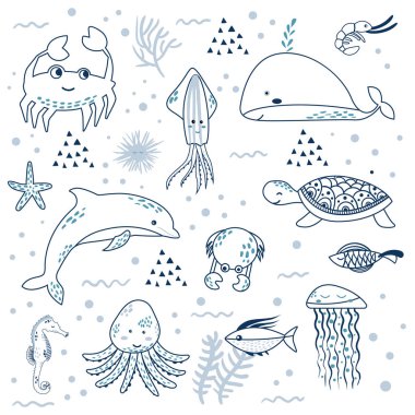 Deniz hayat. Sualtı dünyasını. Balık, Deniz anası, deniz alt, önemsizden gemi, yosun, hazine. Düz vektör çizimler ve simge seti