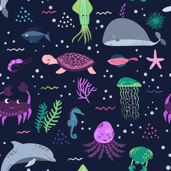 Zeeleven. Onderwater wereld. Vis, kwallen, zeebodem, backwaters schip, algen, schat. Platte vectorillustraties en pictogrammenset — Stockvector