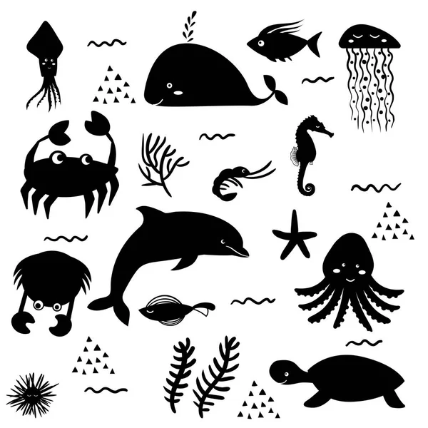 Sea life. Underwater world. Fish, jellyfish, sea bottom, backwaters ship, algae, treasure. Vector flat illustrations and icon set — Stock Vector