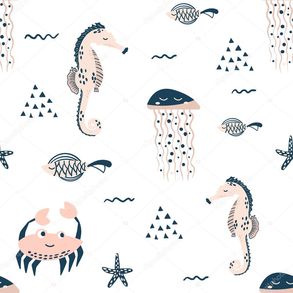 Sea life. Underwater world. Fish, jellyfish, sea bottom, backwaters ship, algae, treasure. Vector flat illustrations and icon set