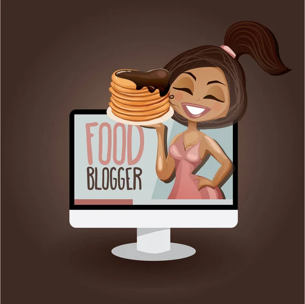 Cute girl with pancakes video blogger. Vector illustration in cartoon style. Youtuber. Food blogger.