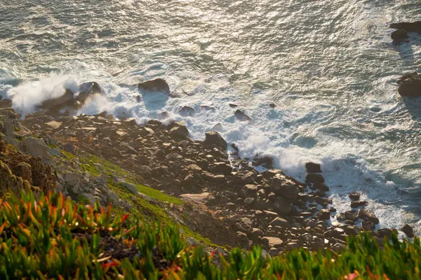 Waves Cliffs Rocks Rays Setting Sun Cabo Roca Portugal — Stock Photo, Image