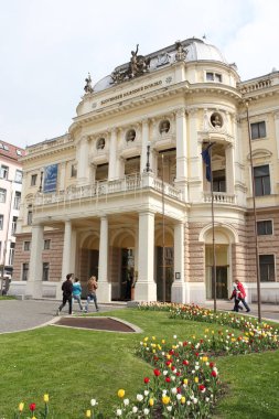 Bratislava, Slovakya - Nisan 2011: Slovakya Ulusal Tiyatrosu 'nun tarihi binası yakınlarında renkli lalelerle çiçeklendi.