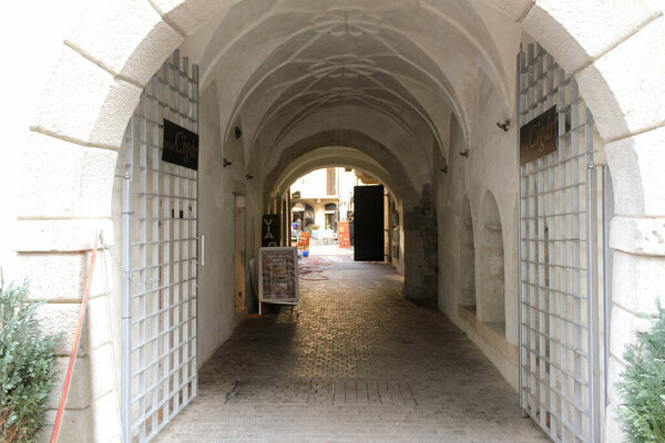 Bratislava, Slovakia - April, 2011: tunnel of ancient arch on Michalska street.