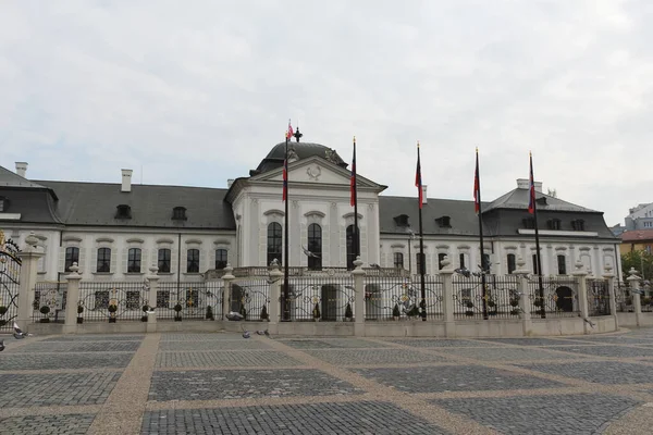 Bratislava, Slovakya - Nisan 2011: Hodzovo Meydanı 'ndaki Başkanlık Sarayı yakınlarında güvercin uçurmak.