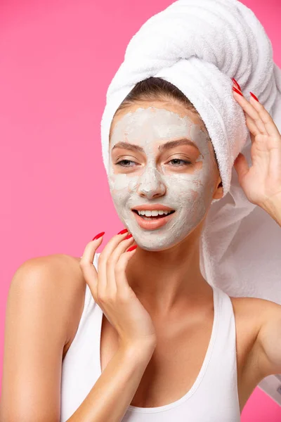 Young Woman Towel Wrapped Her Head Applying Clay Face Mask — Stock Photo, Image