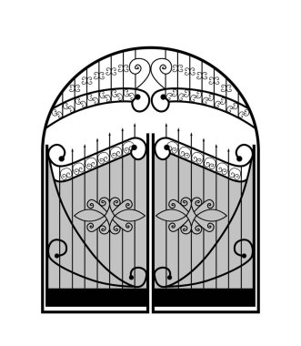 Beyaz bir arka plan üzerinde sahte süslemeli siyah metal geçit