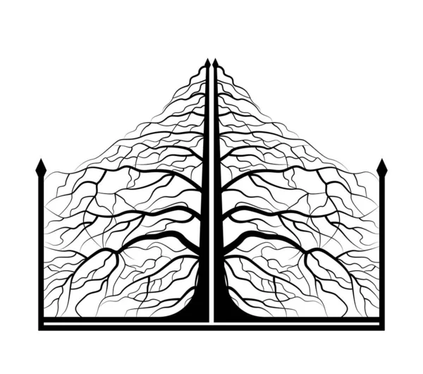 Portão de metal preto com árvore forjada em um fundo branco. Portão das árvores . — Vetor de Stock