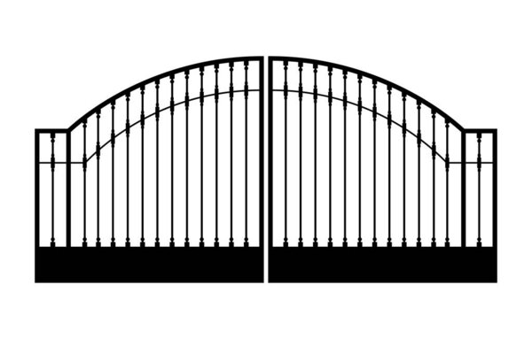 Black metal gate with forged ornaments on a white background