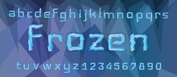 Eisblaue Schrift, Alphabet mit dem Wort Frozen. Alle Buchstaben und Zahlen — Stockvektor