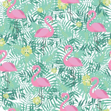 Sevimli pembe flamingo ve palmiye yaprakları ile Seamless Modeli