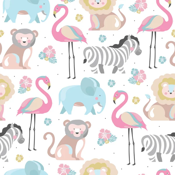 Patrón sin costuras bebé con lindos animales de la selva y flores — Vector de stock