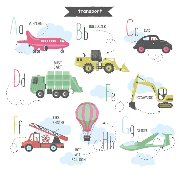 Vector transport A - Z alphabet for teaching kids English. Part 1 — Stock Vector