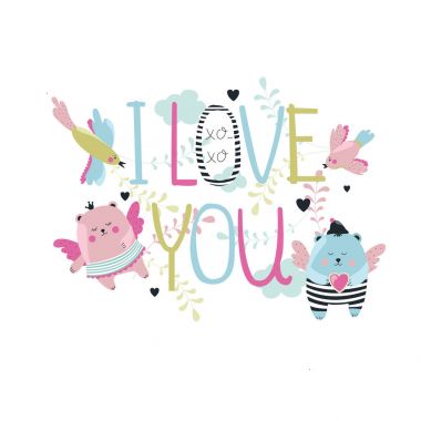 Sevgililer günü illüstrasyon yazı ile ve sevimli ayılar. Vektör çizim