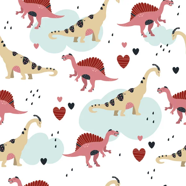 Padrão Sem Costura Com Dinossauros Bonitos Para Crianças Têxteis Papel —  Vetores de Stock