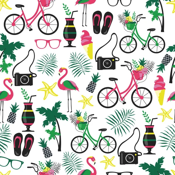 Padrão Vetor Sem Costura Verão Com Bicicleta Flamingo —  Vetores de Stock