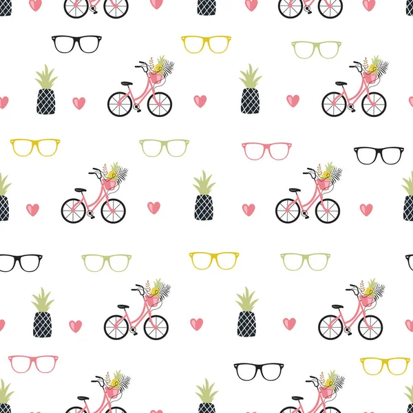 自転車と Pneapples 夏のシームレス パターン — ストックベクタ