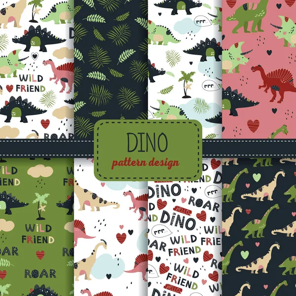 Sada Bezešvé Vzory Roztomilé Dinosaurů Pro Děti Textil Tapety Plakáty — Stockový vektor