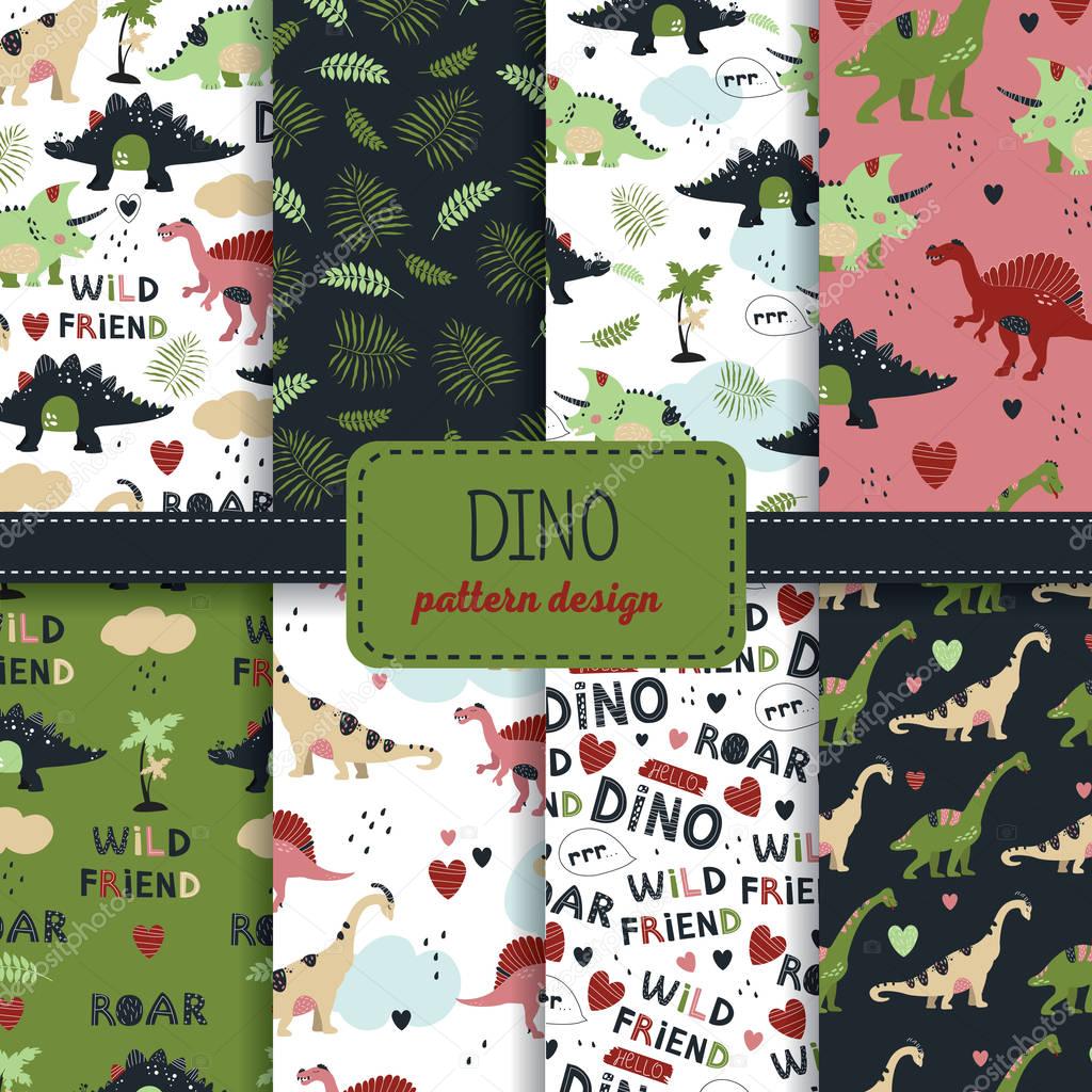 Set of 8 seamless patterns with cute dinosaurs for children textile , wallpaper , posters and other design