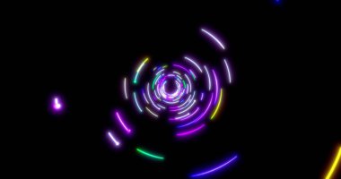 Parlayan neon hatları tüneli. Mavi kırmızı pembe ve mor renkli ışıklandırma. Uzayda flüoresan ultraviyole ışıklar var. Kusursuz 3D görüntüleme arkaplanı. Sanal gerçeklik tasarımı 3D görüntüleme. 3B illüstrasyon