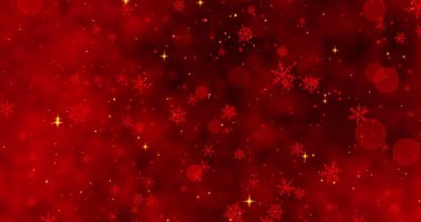Kırmızı konfeti, kar taneleri ve kırmızı Noel arka planında Bokeh ışıkları. 3B illüstrasyon