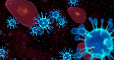 Coronavirus hücreleri. Mikroskop altında solunum enfeksiyonlarına neden olan bir virüs grubu. 3B görüntüleme, 3B resimleme