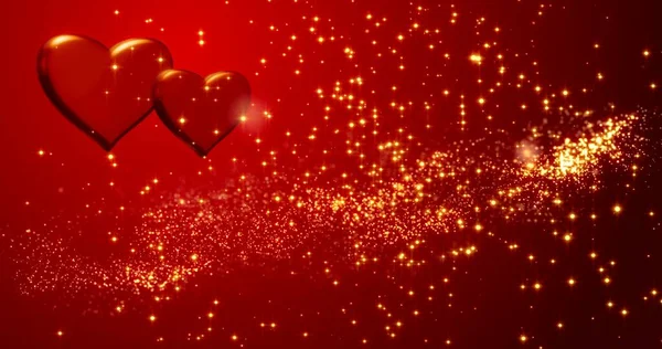 赤いハート ハッピーバレンタインデーの背景 黄金のコンフェッティで赤いハートのテクスチャ ハッピーバレンタインデーの背景 — ストック写真