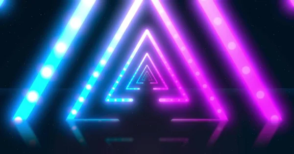 概要蛍光紫外光を用いたネオン飛行幾何学トンネル 虹色の異なる色 ネオンと未来的な廊下 仮想現実デザイン3Dレンダリング — ストック写真
