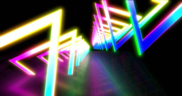 Žhnoucí Neonový Trojúhelníkový Tunel Laser Ukazuje Pozadí Ultrafialové Modré Purpurové — Stock fotografie