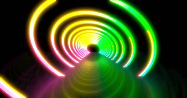 アブストラクト未来的なディスコスター廊下を飛んでいます 背景蛍光紫外光彩色レーザーネオンライン幾何学的無限のトンネル青ピンクスペクトル3Dレンダリング3Dイラスト — ストック写真