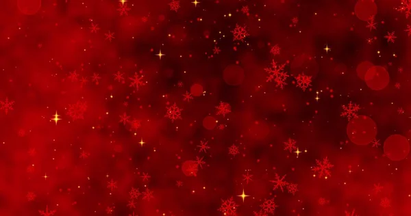 Kırmızı konfeti, kar taneleri ve kırmızı Noel arka planında Bokeh ışıkları. 3B illüstrasyon
