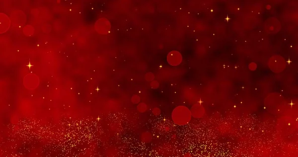 Kırmızı konfeti, kar taneleri ve kırmızı Noel arka planında Bokeh ışıkları. 3B illüstrasyon
