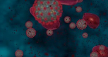 Yüksek konsantrasyon Coronavirus hastalığı Covid-19. Virüs ve kırmızı kan hücrelerinin oluşturduğu animasyon grubu yaklaşıyor. 3B görüntüleme 4k