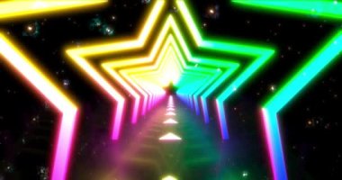 LED yıldızı flüoresan tüneli olan neon geometrik arkaplan. Ultraviyole soyut mavi, mor renk. döngülü animasyon 4k.