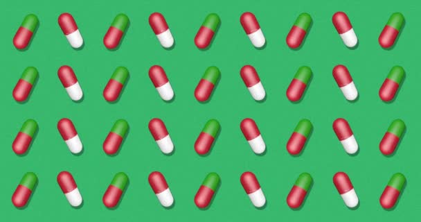Green Background with pills. Backdrop with bright pattern for instagram, facebook, youtube channel. Animation 3d render, loop 4k