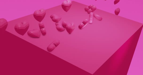 Pinkfarbene süße fallende polygonale Herzen. Valentinstag. Ereignishintergrund. 3D-Rendering-Animation 4k — Stockvideo